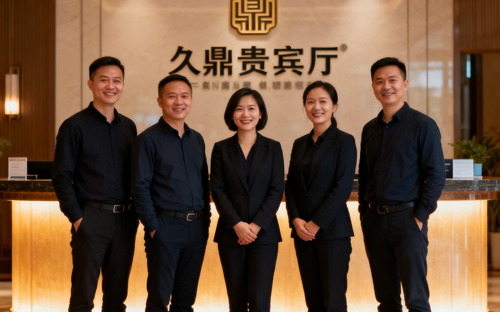 玖鼎贵宾厅创始团队五位成员在旗舰店门厅前合影，身后是暖色调照明下的接待台和品牌标识墙，团队成员身着深色商务休闲装，面带微笑