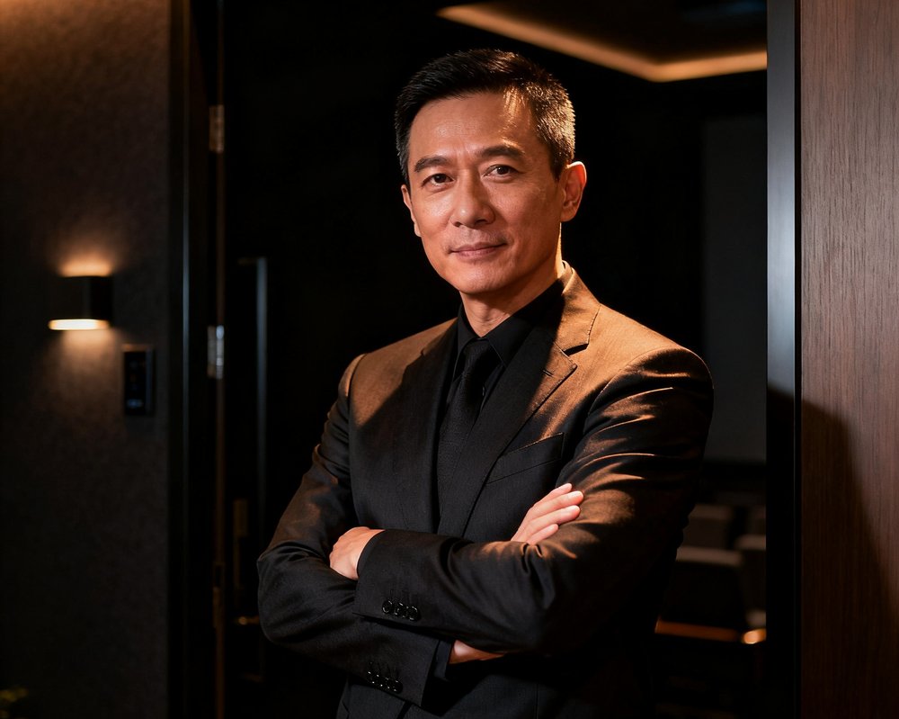 玖鼎贵宾厅创始人林启明先生，四十岁左右，短发干练，穿着深色西装，双臂交叉站立在旗舰店影音室入口处